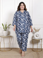 Plus Size Blue Cotton Blend Floral Print Co-ord Set -1200035