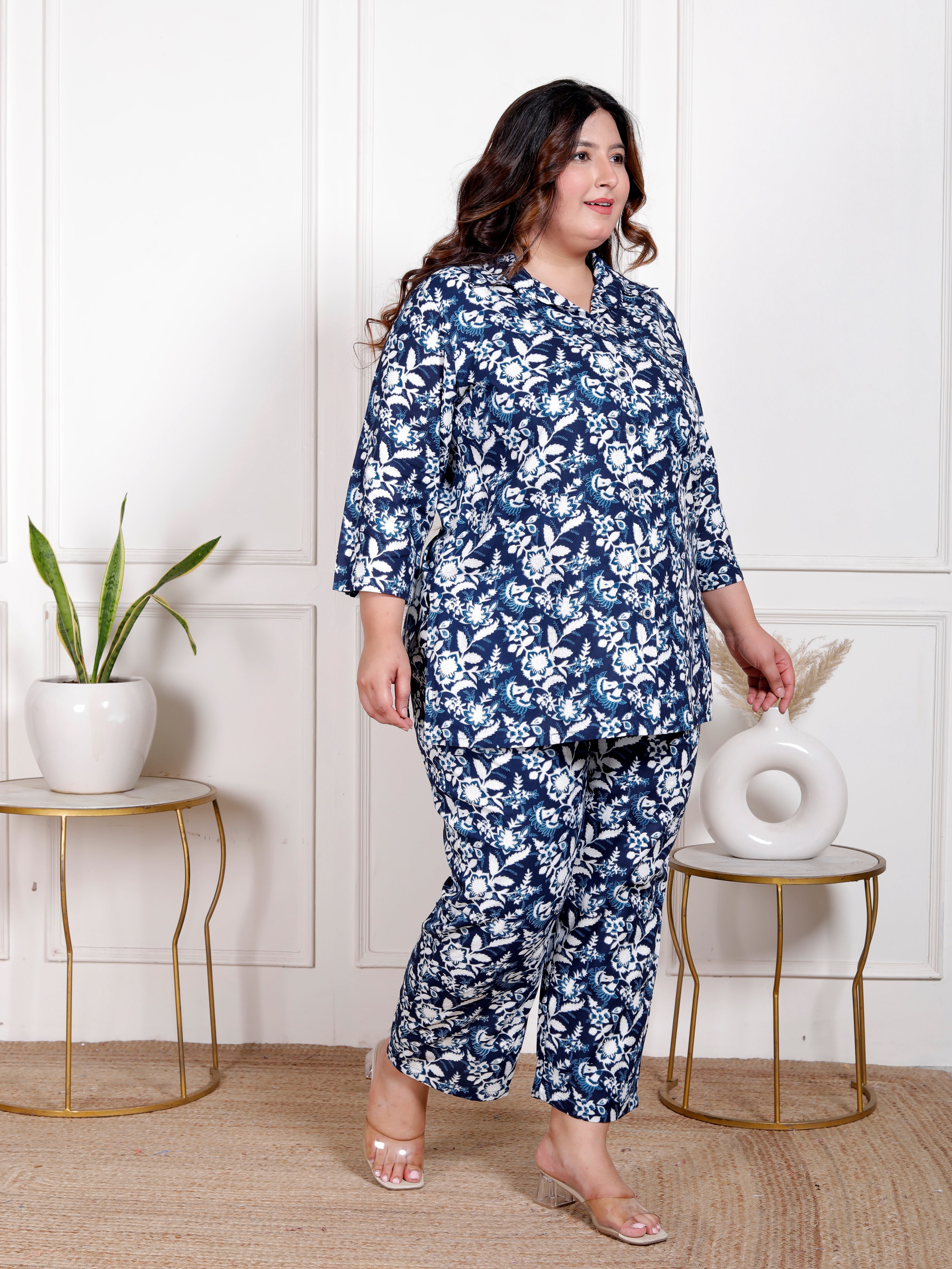 Plus Size Blue Cotton Floral Print Co-ord Set -1200035