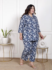 Plus Size Blue Cotton Blend Floral Print Co-ord Set -1200035
