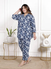 Plus Size Blue Cotton Blend Floral Print Co-ord Set -1200035