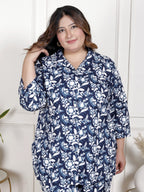 Plus Size Blue Cotton Blend Floral Print Co-ord Set -1200035