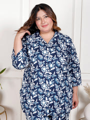 Plus Size Blue Cotton Floral Print Co-ord Set -1200035