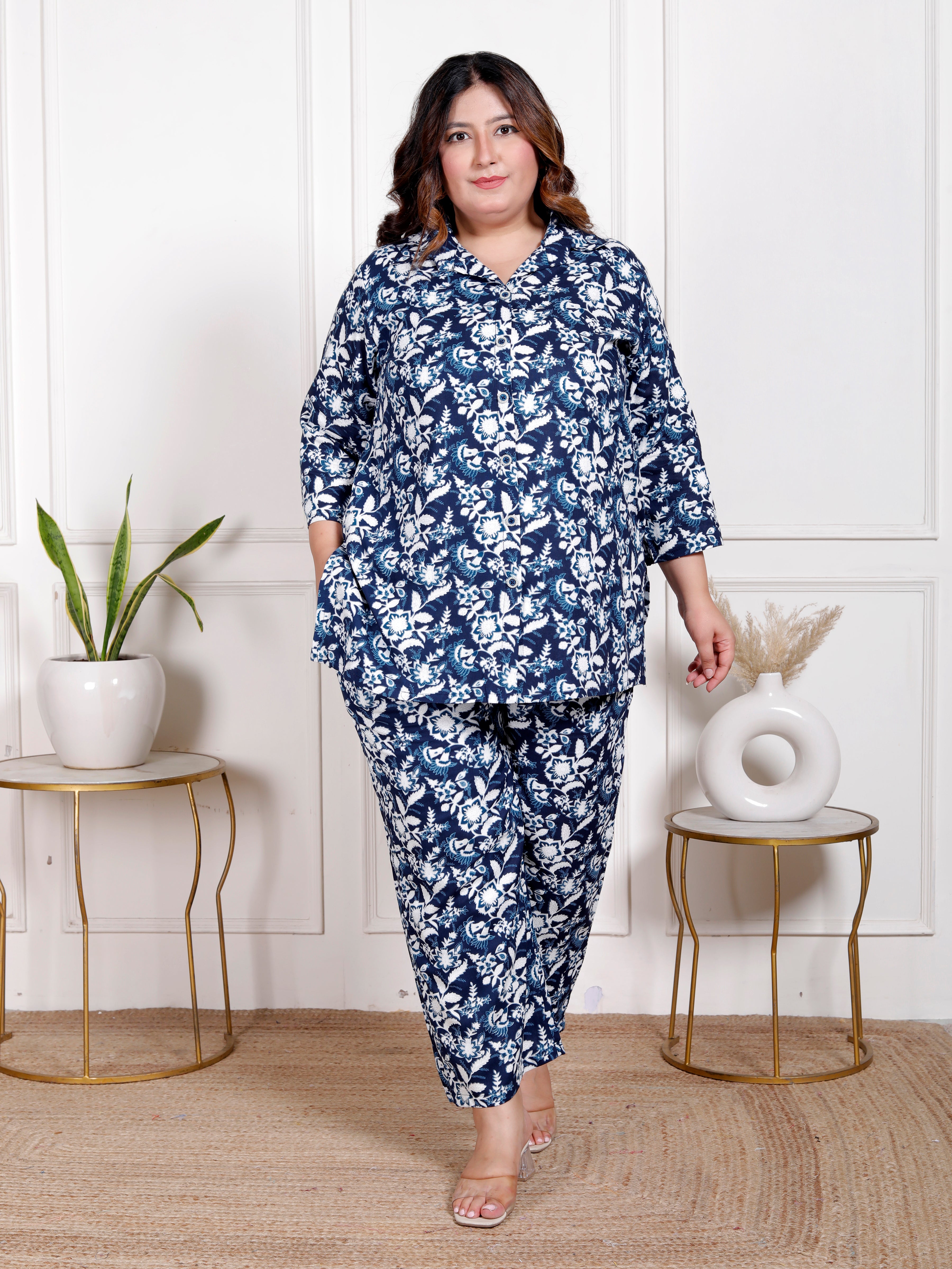 Plus Size Blue Cotton Floral Print Co-ord Set -1200035