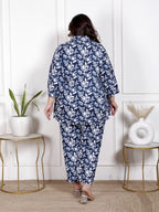 Plus Size Blue Cotton Blend Floral Print Co-ord Set -1200035