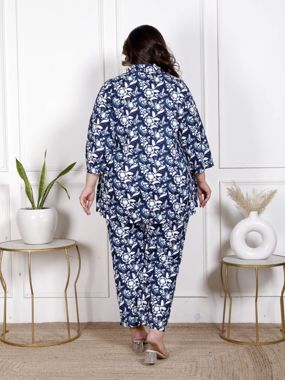 Plus Size Blue Cotton Blend Floral Print Co-ord Set -1200035