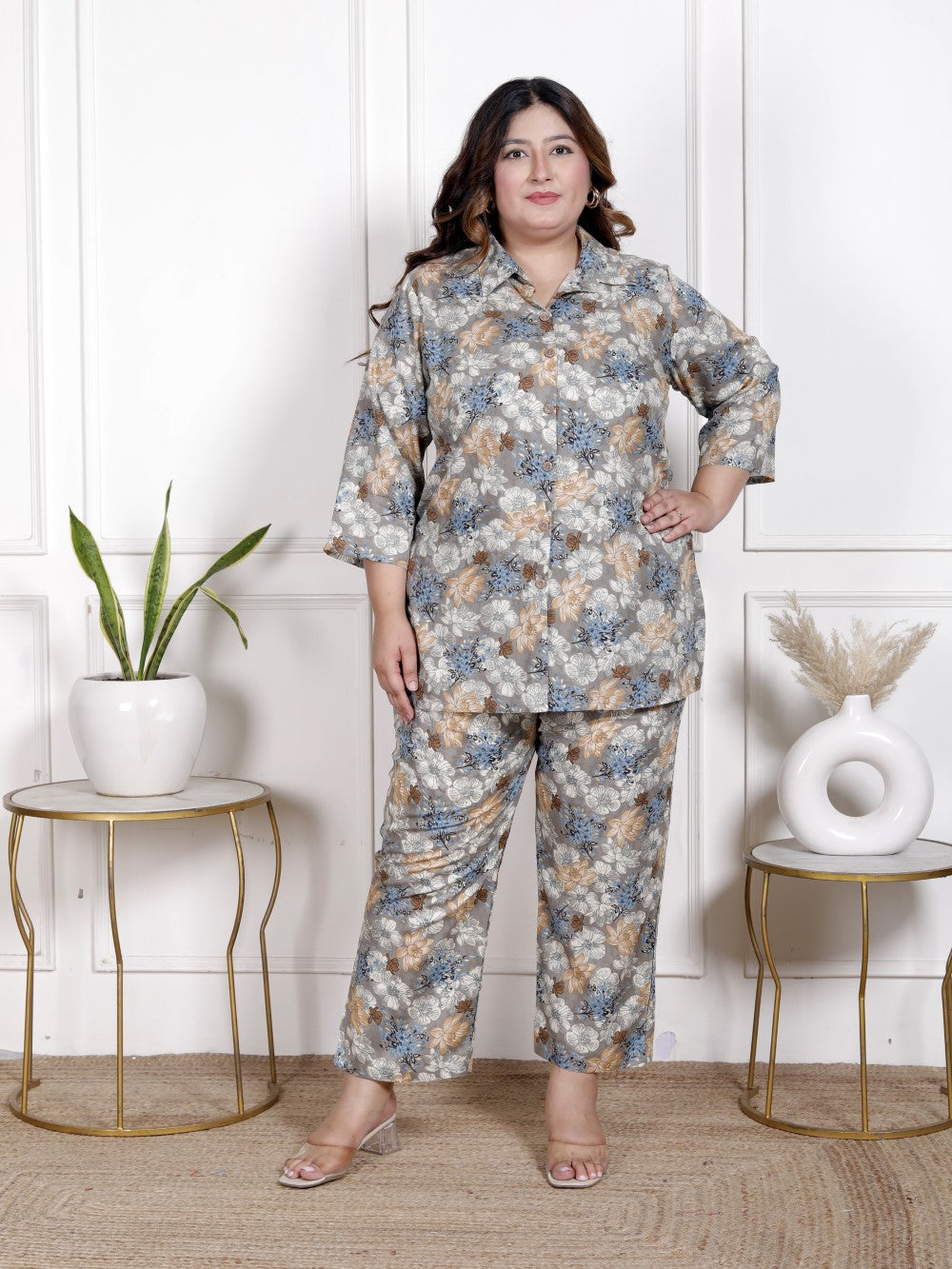 Plus Size Grey Cotton Blend  Floral Print Co-ord Set -1200036 Secondary image