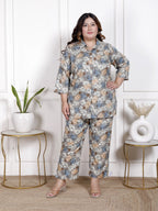 Plus Size Grey Cotton Blend  Floral Print Co-ord Set -1200036