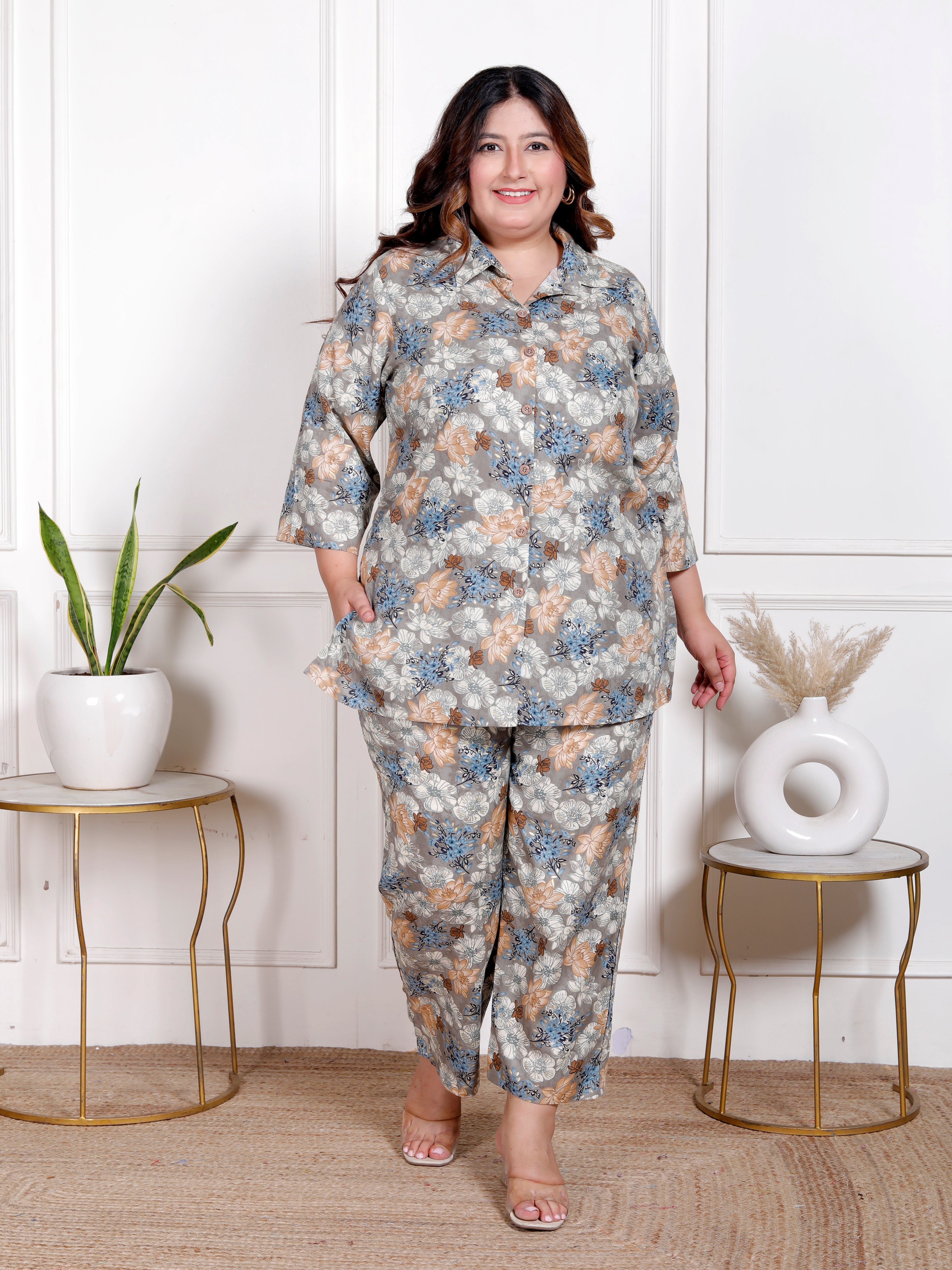Plus Size Grey Cotton Floral Print Co-ord Set -1200036