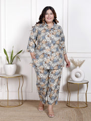 Plus Size Grey Cotton Blend  Floral Print Co-ord Set -1200036
