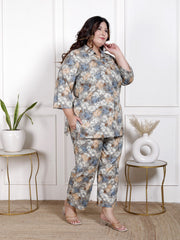 Plus Size Grey Cotton Blend  Floral Print Co-ord Set -1200036