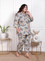 Plus Size Grey Cotton Floral Print Co-ord Set -1200036