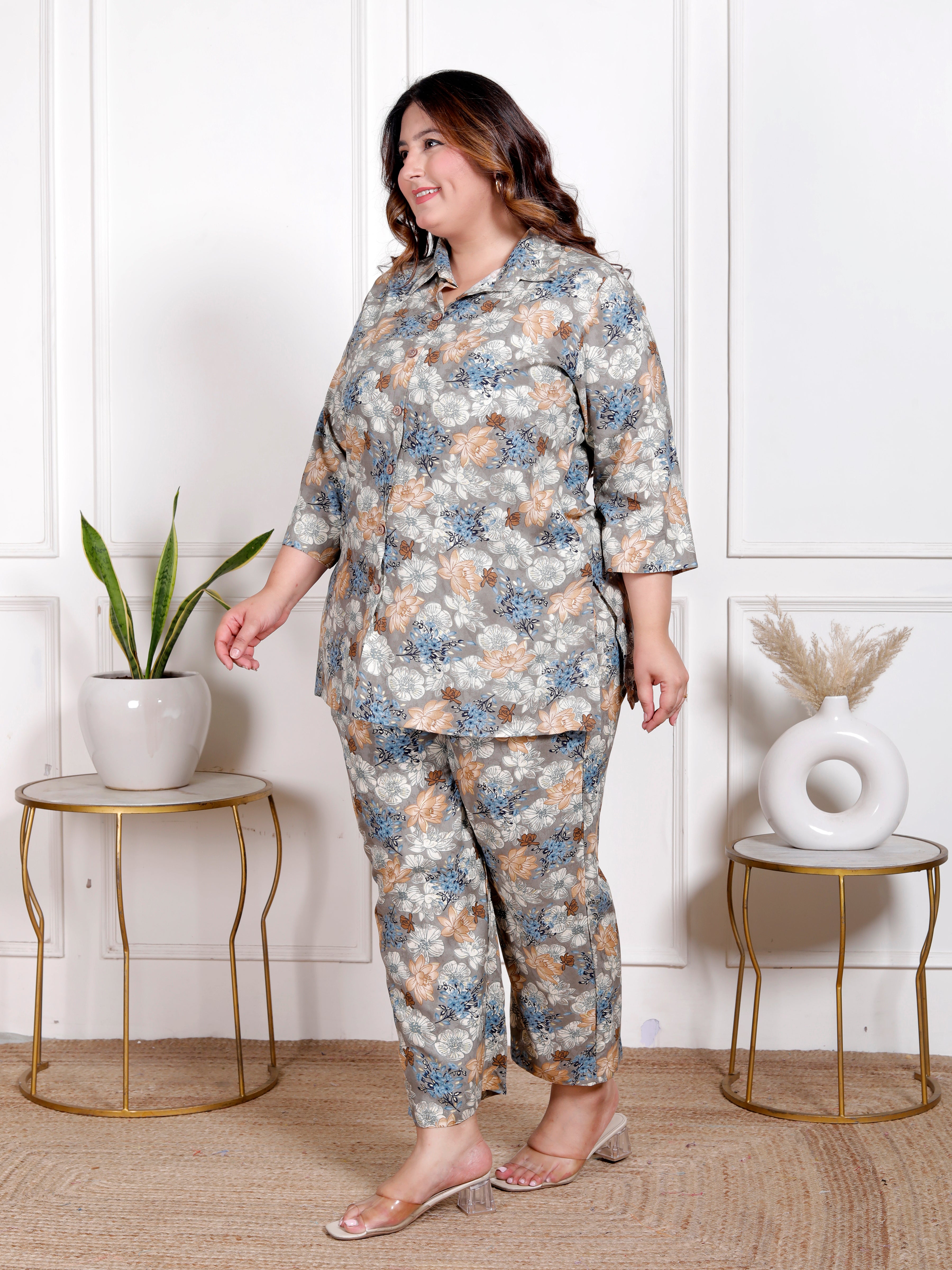 Plus Size Grey Cotton Floral Print Co-ord Set -1200036