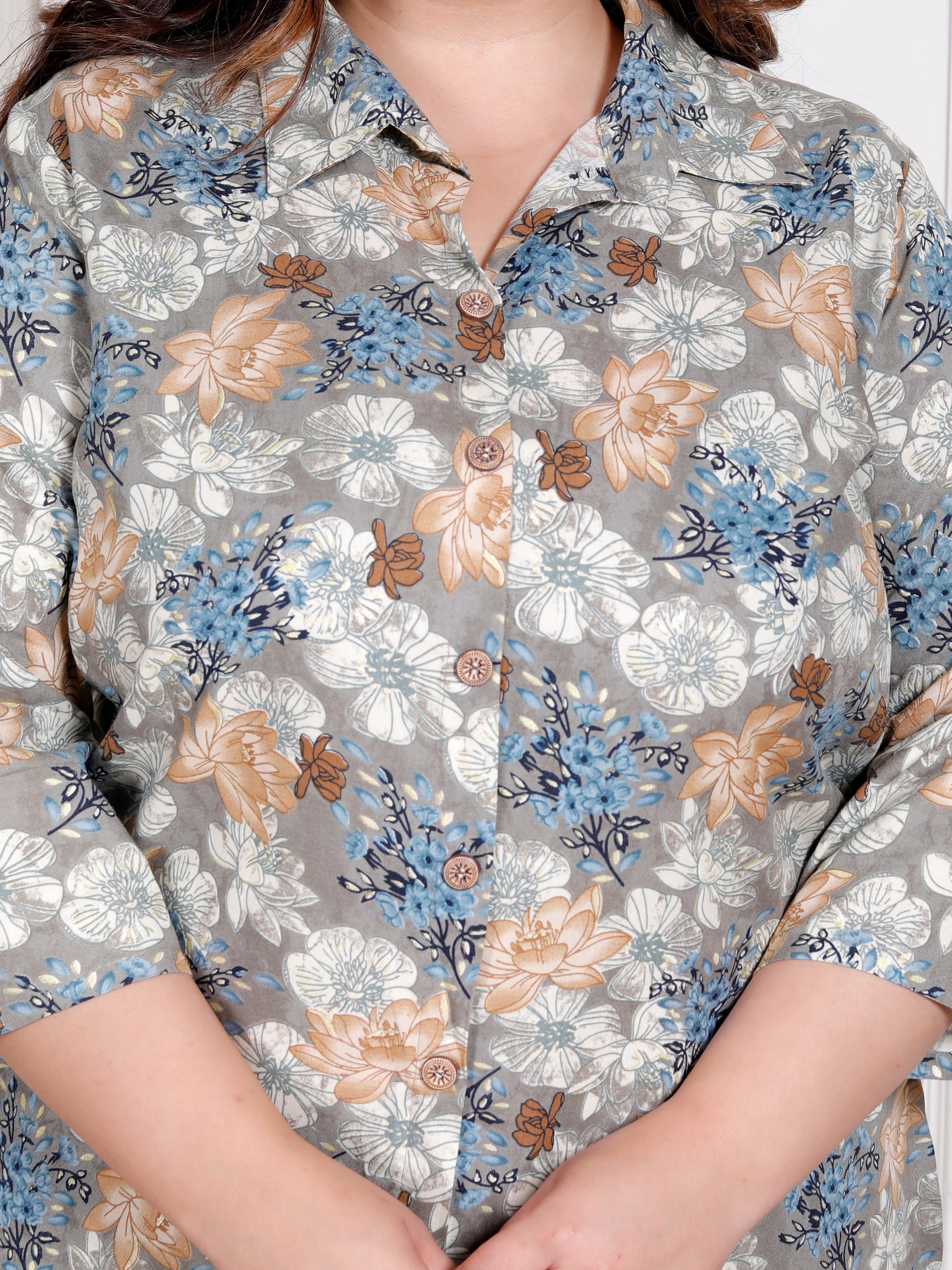 Plus Size Grey Cotton Floral Print Co-ord Set -1200036