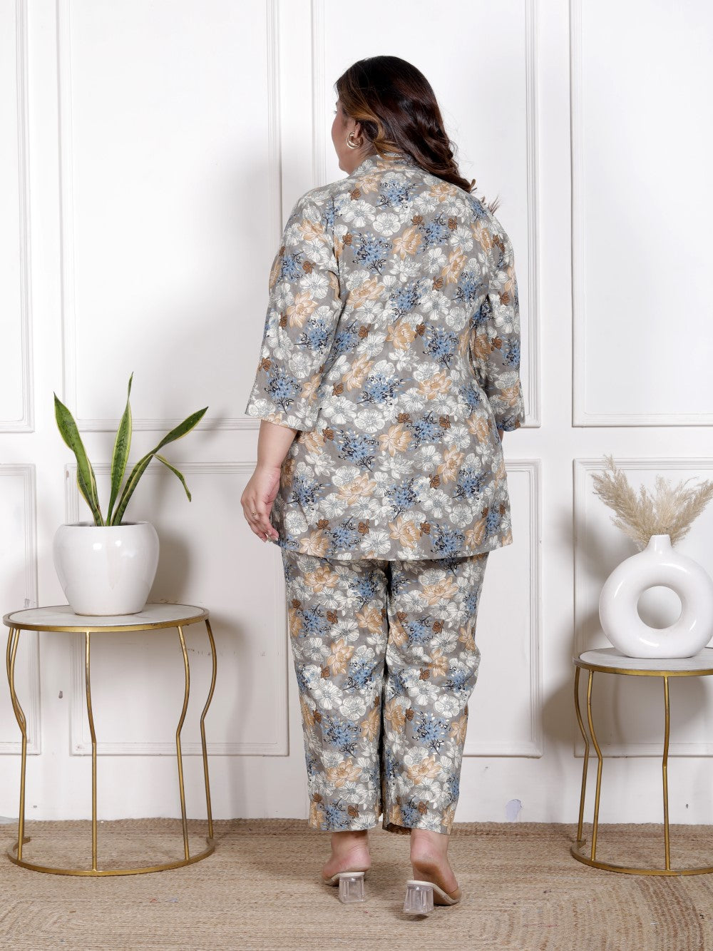 Plus Size Grey Cotton Blend  Floral Print Co-ord Set -1200036