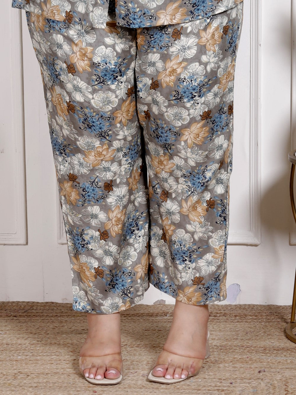 Plus Size Grey Cotton Blend  Floral Print Co-ord Set -1200036