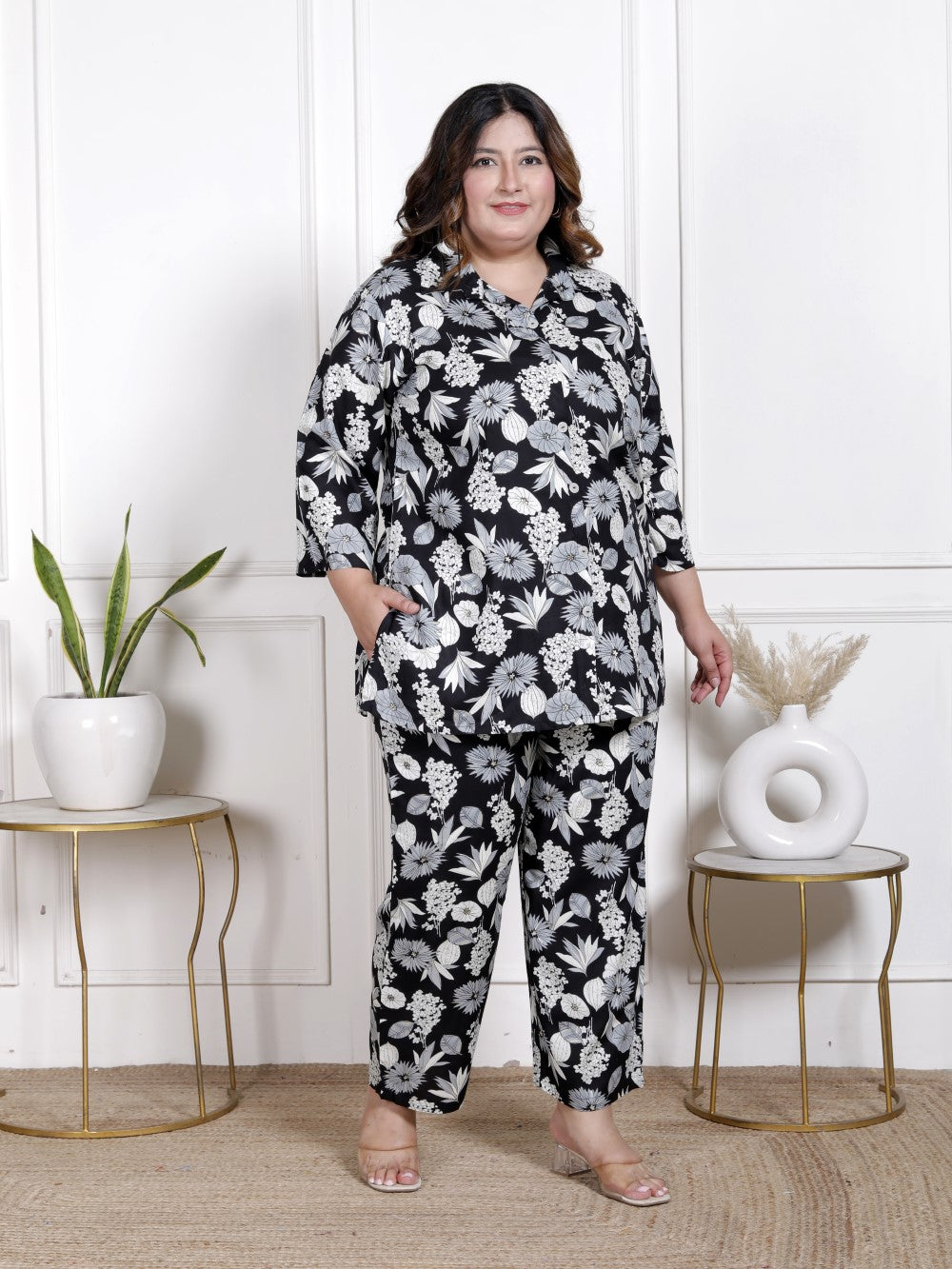 Plus Size Black Cotton Blend  Floral Print Co-ord Set -1200037