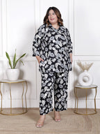 Plus Size Black Cotton Blend  Floral Print Co-ord Set -1200037