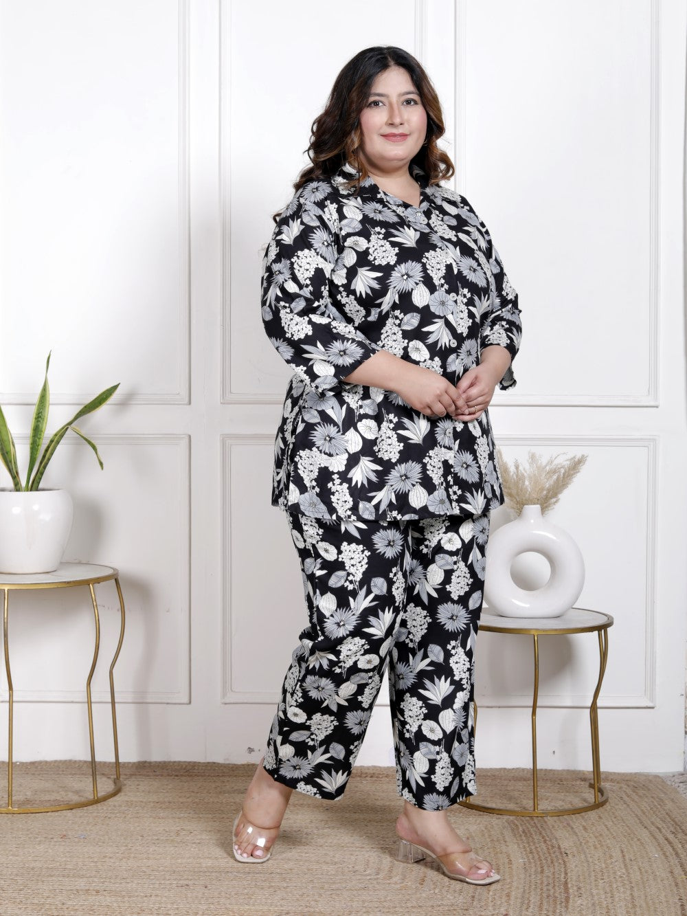 Plus Size Black Cotton Blend  Floral Print Co-ord Set -1200037