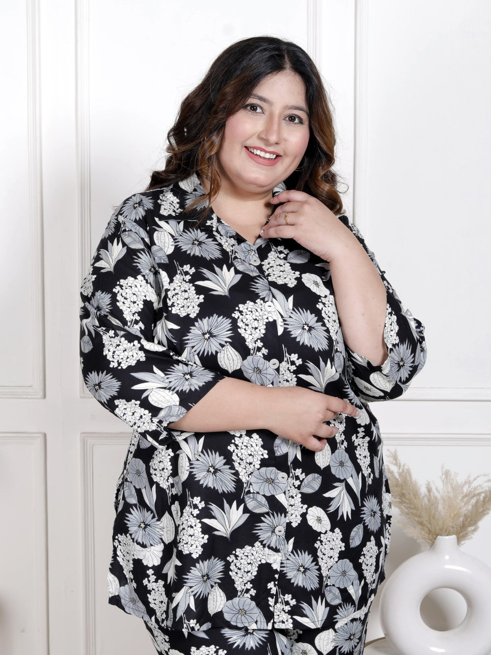 Plus Size Black Cotton Blend  Floral Print Co-ord Set -1200037