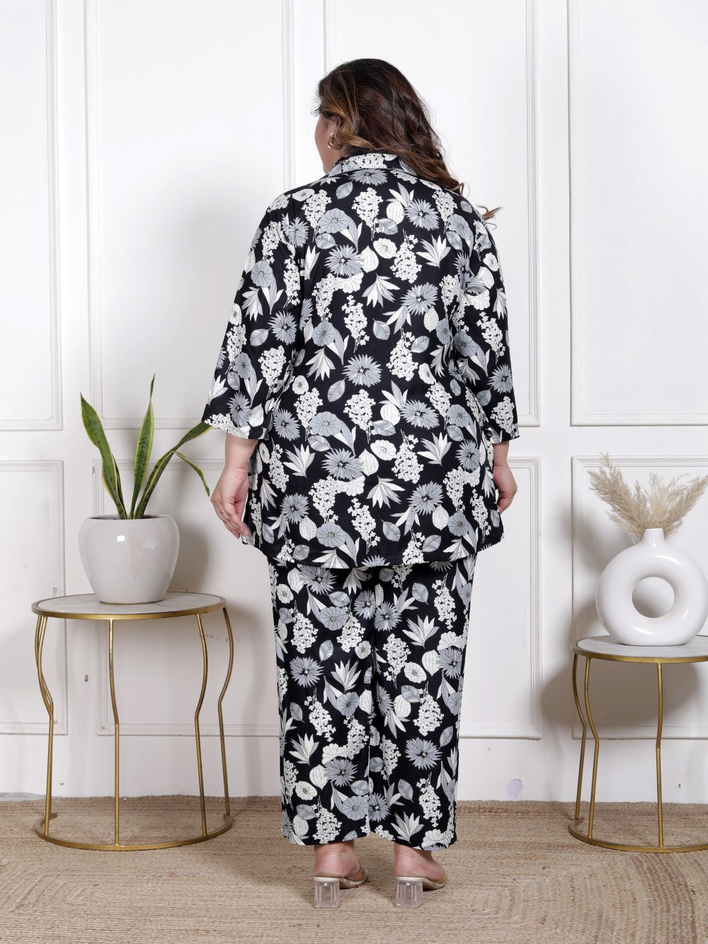Plus Size Black Cotton Blend  Floral Print Co-ord Set -1200037