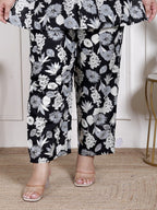 Plus Size Black Cotton Blend  Floral Print Co-ord Set -1200037