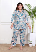 Plus Size Grey Cotton Blend  Floral Print Co-ord Set -1200038