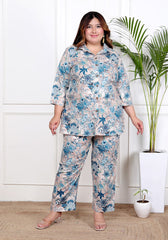 Plus Size Grey Cotton Blend  Floral Print Co-ord Set -1200038