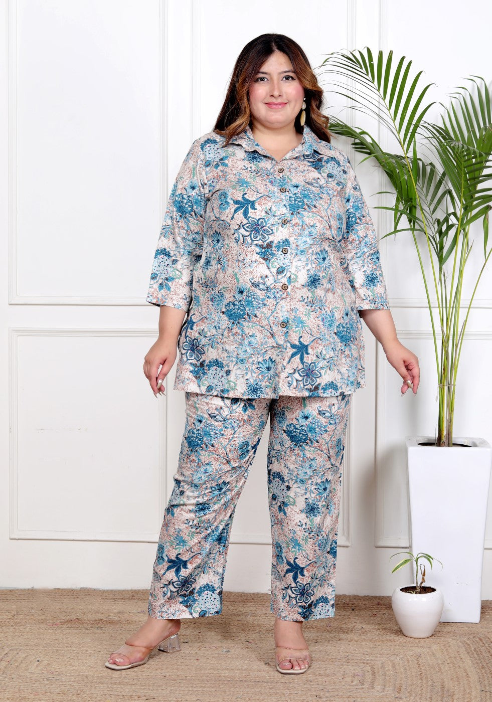 Plus Size Grey Cotton Blend  Floral Print Co-ord Set -1200038 Main image