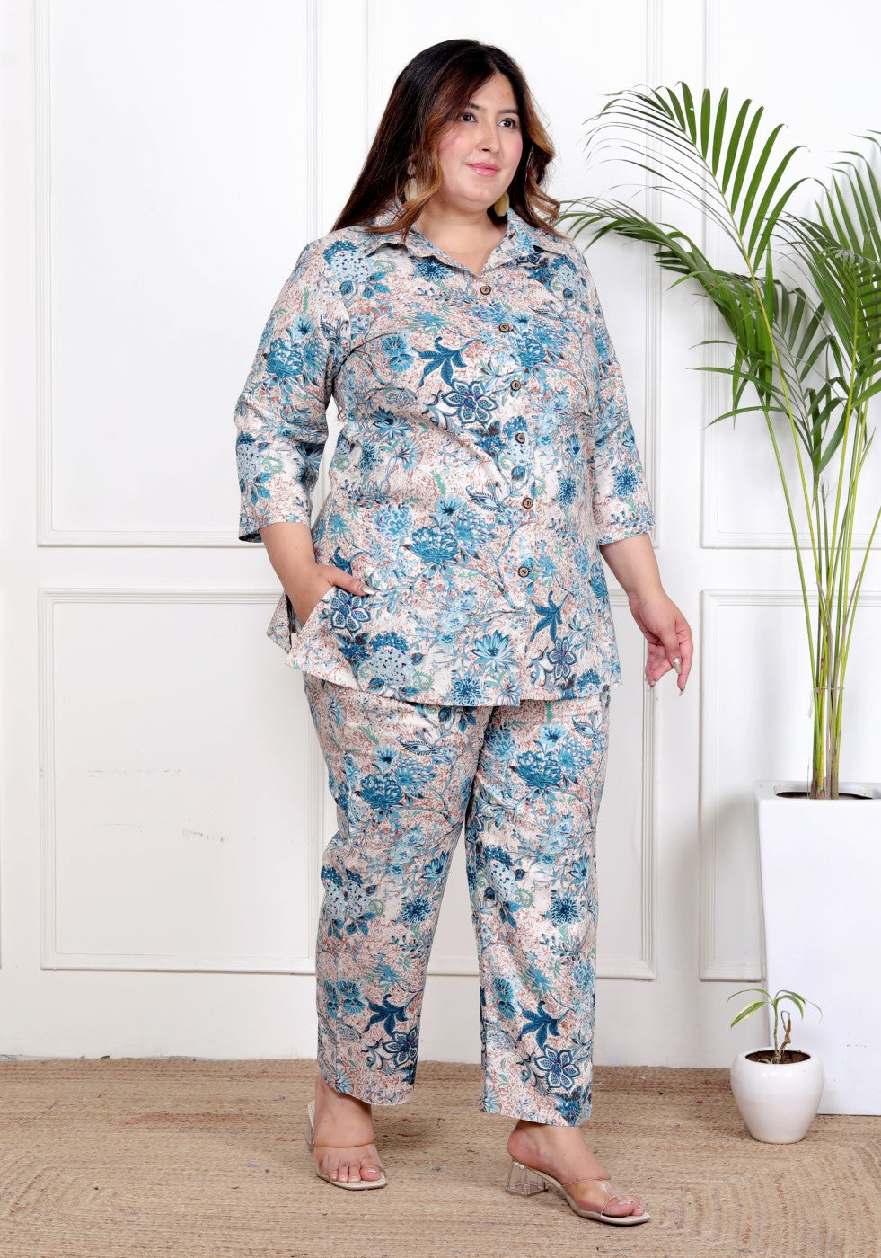 Plus Size Grey Cotton Blend  Floral Print Co-ord Set -1200038