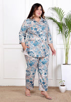 Plus Size Grey Cotton Blend  Floral Print Co-ord Set -1200038