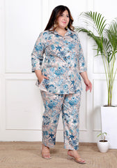Plus Size Grey Cotton Blend  Floral Print Co-ord Set -1200038