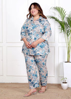 Plus Size Grey Cotton Blend  Floral Print Co-ord Set -1200038