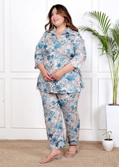 Plus Size Grey Cotton Blend  Floral Print Co-ord Set -1200038
