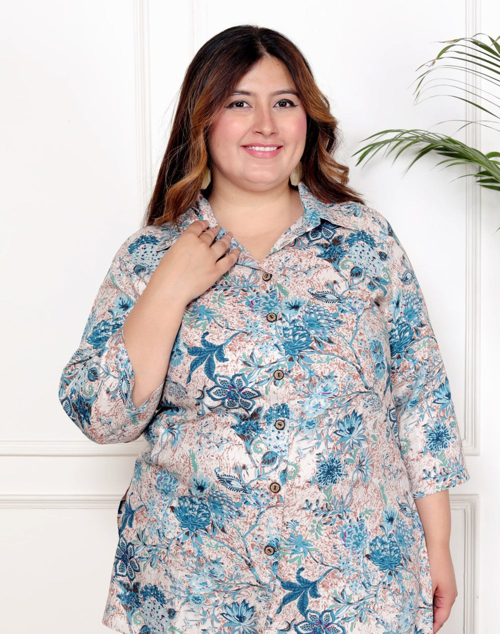 Plus Size Grey Cotton Blend  Floral Print Co-ord Set -1200038