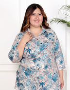 Plus Size Grey Cotton Blend  Floral Print Co-ord Set -1200038