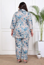 Plus Size Grey Cotton Blend  Floral Print Co-ord Set -1200038