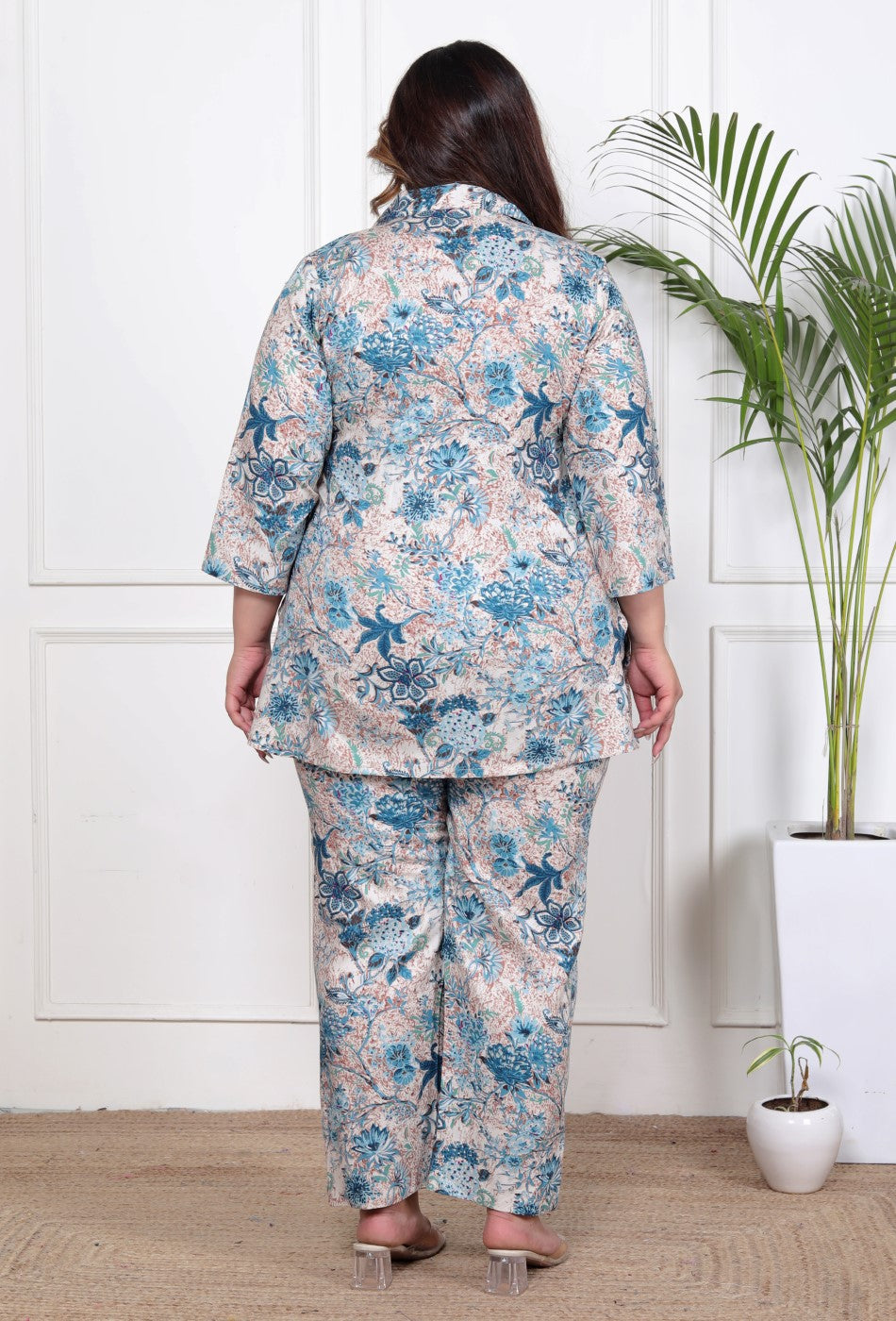 Plus Size Grey Cotton Blend  Floral Print Co-ord Set -1200038
