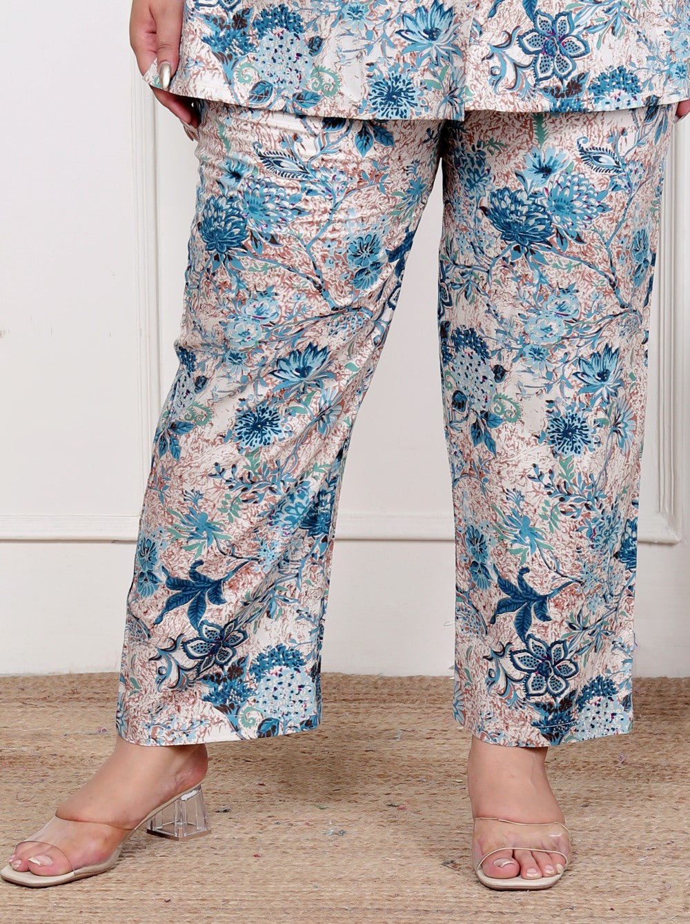 Plus Size Grey Cotton Blend  Floral Print Co-ord Set -1200038