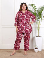 Plus Size Maroon Cotton Blend Floral Print Co-ord Set -1200039