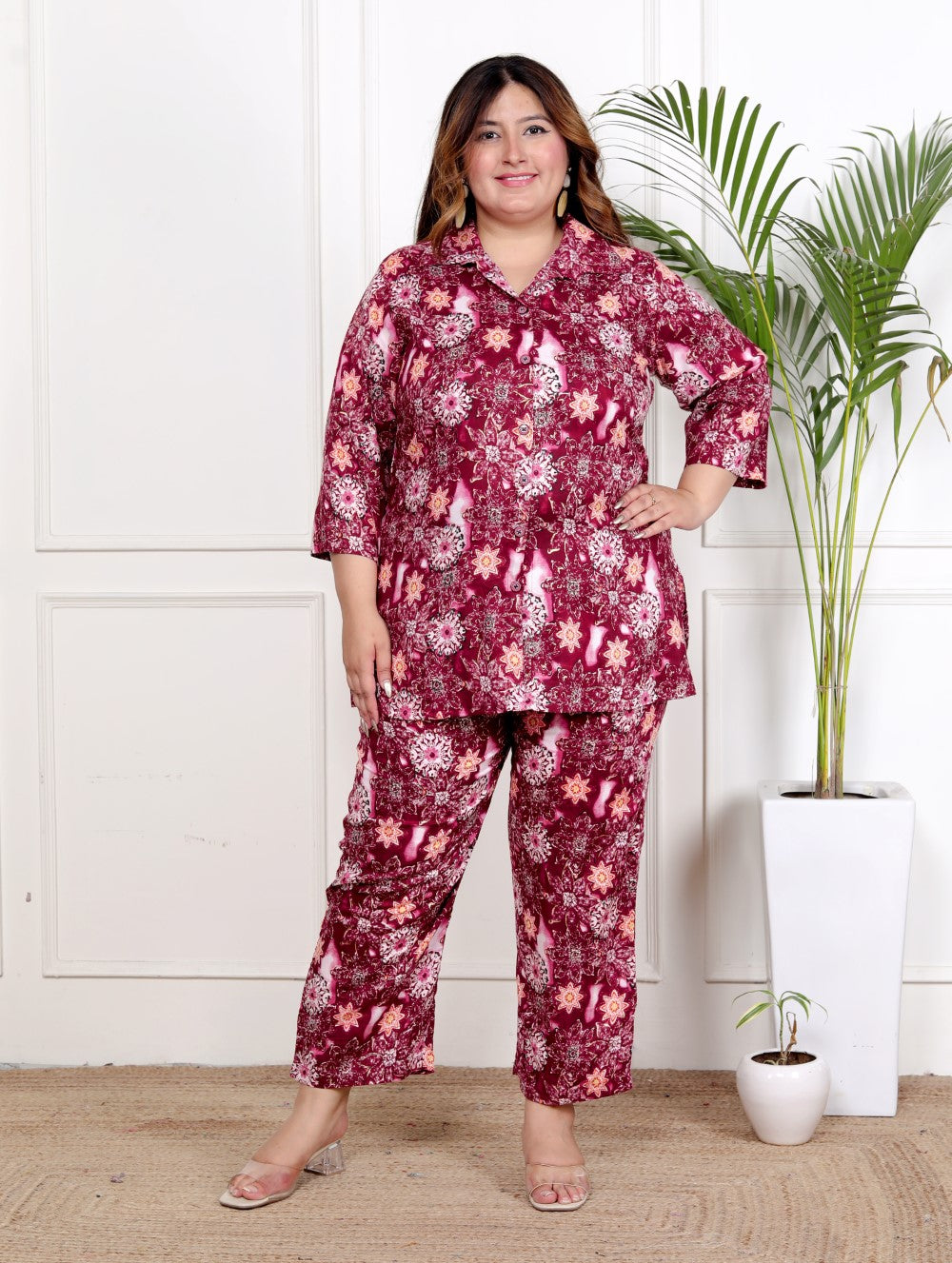 Plus Size Maroon Cotton Blend Floral Print Co-ord Set -1200039 Main image