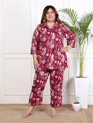Plus Size Maroon Cotton Blend Floral Print Co-ord Set -1200039