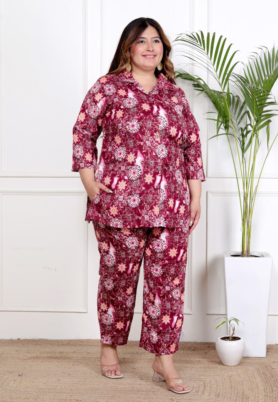 Plus Size Maroon Cotton Blend Floral Print Co-ord Set -1200039