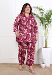 Plus Size Maroon Cotton Blend Floral Print Co-ord Set -1200039