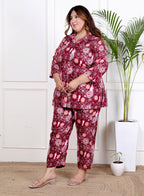 Plus Size Maroon Cotton Blend Floral Print Co-ord Set -1200039