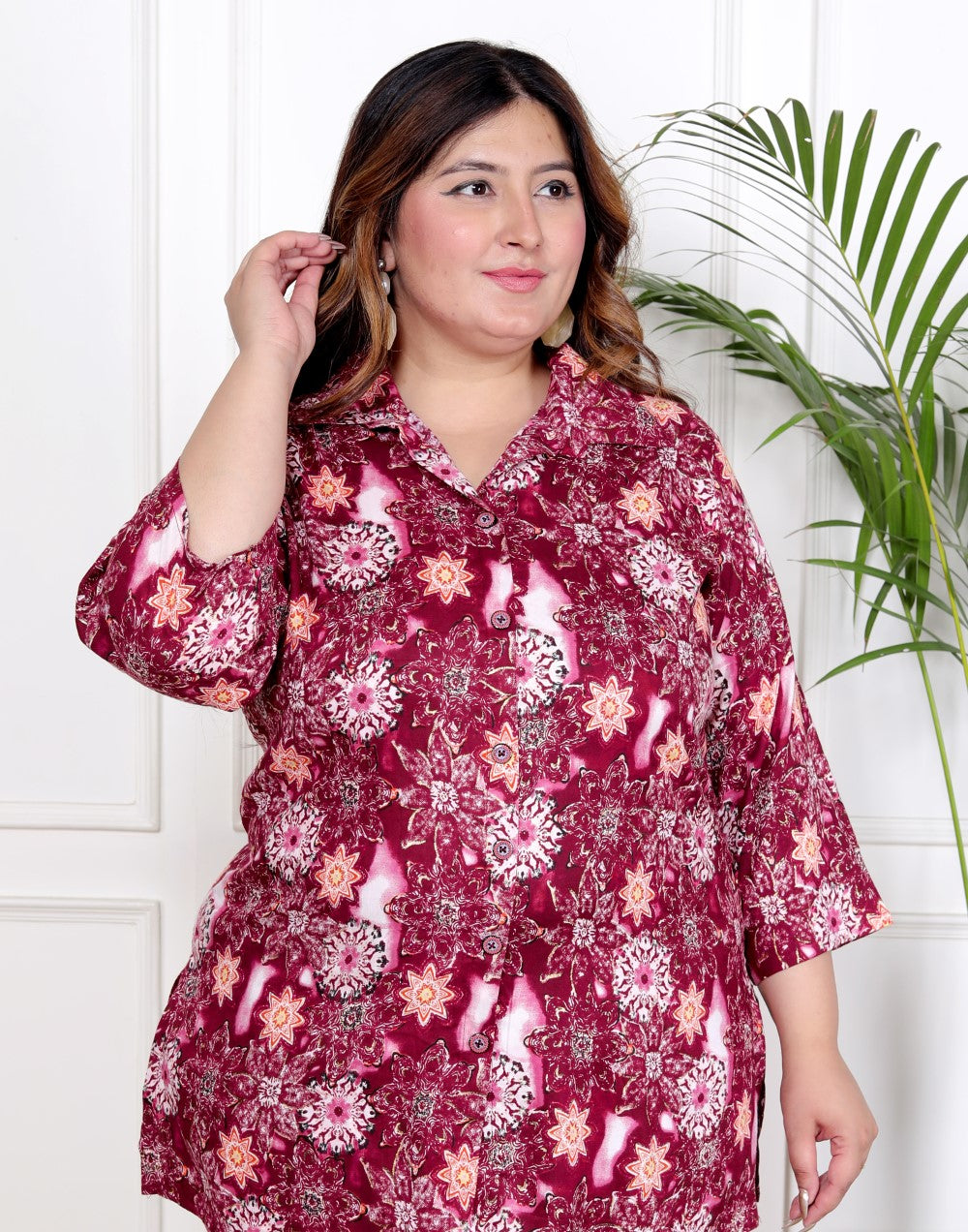 Plus Size Maroon Cotton Blend Floral Print Co-ord Set -1200039