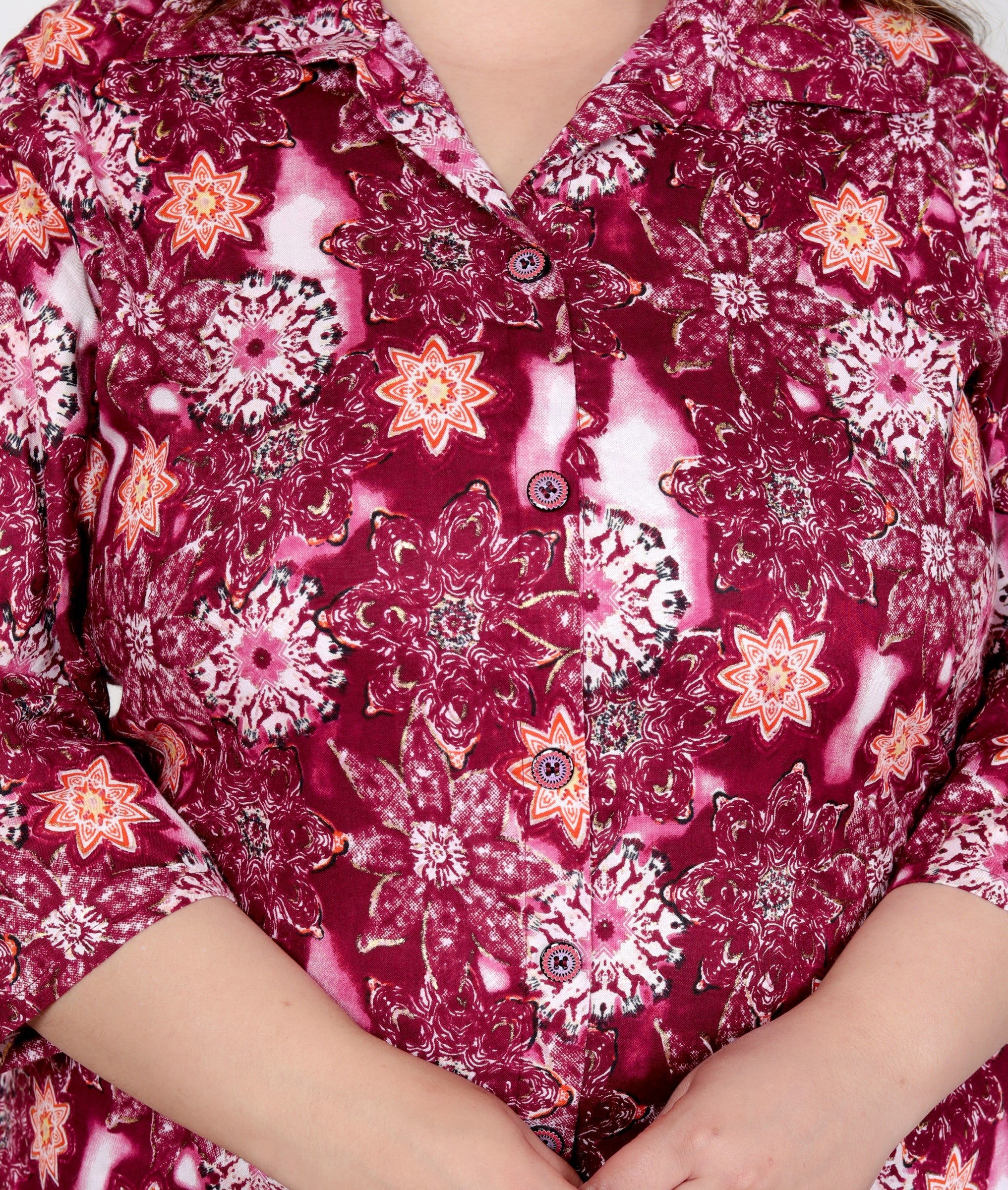 Plus Size Maroon Cotton Blend Floral Print Co-ord Set -1200039