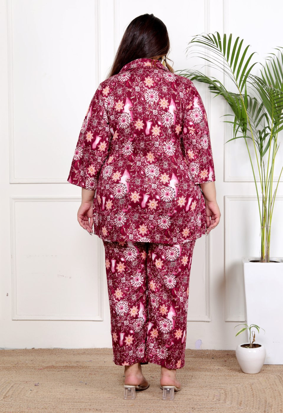 Plus Size Maroon Cotton Blend Floral Print Co-ord Set -1200039