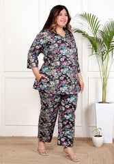 Plus Size Black Cotton Blend Floral Print Co-ord Set -1200040