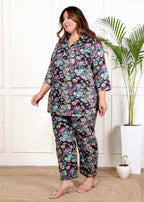 Plus Size Black Cotton Blend Floral Print Co-ord Set -1200040