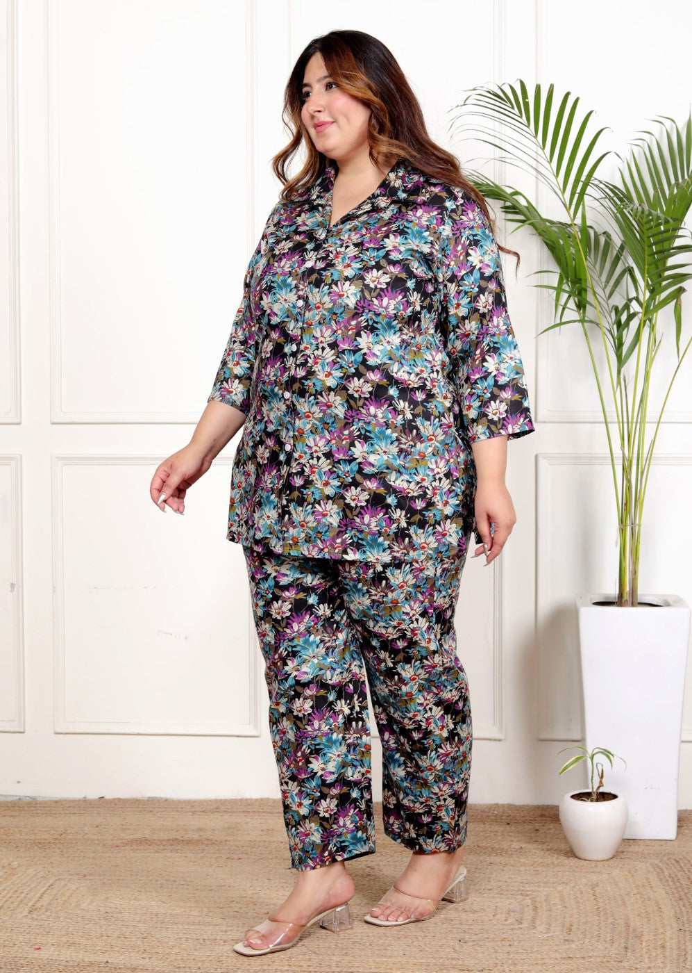 Plus Size Black Cotton Blend Floral Print Co-ord Set -1200040